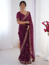 Elegant Wine Designer Printed Georgette Saree With Blouse