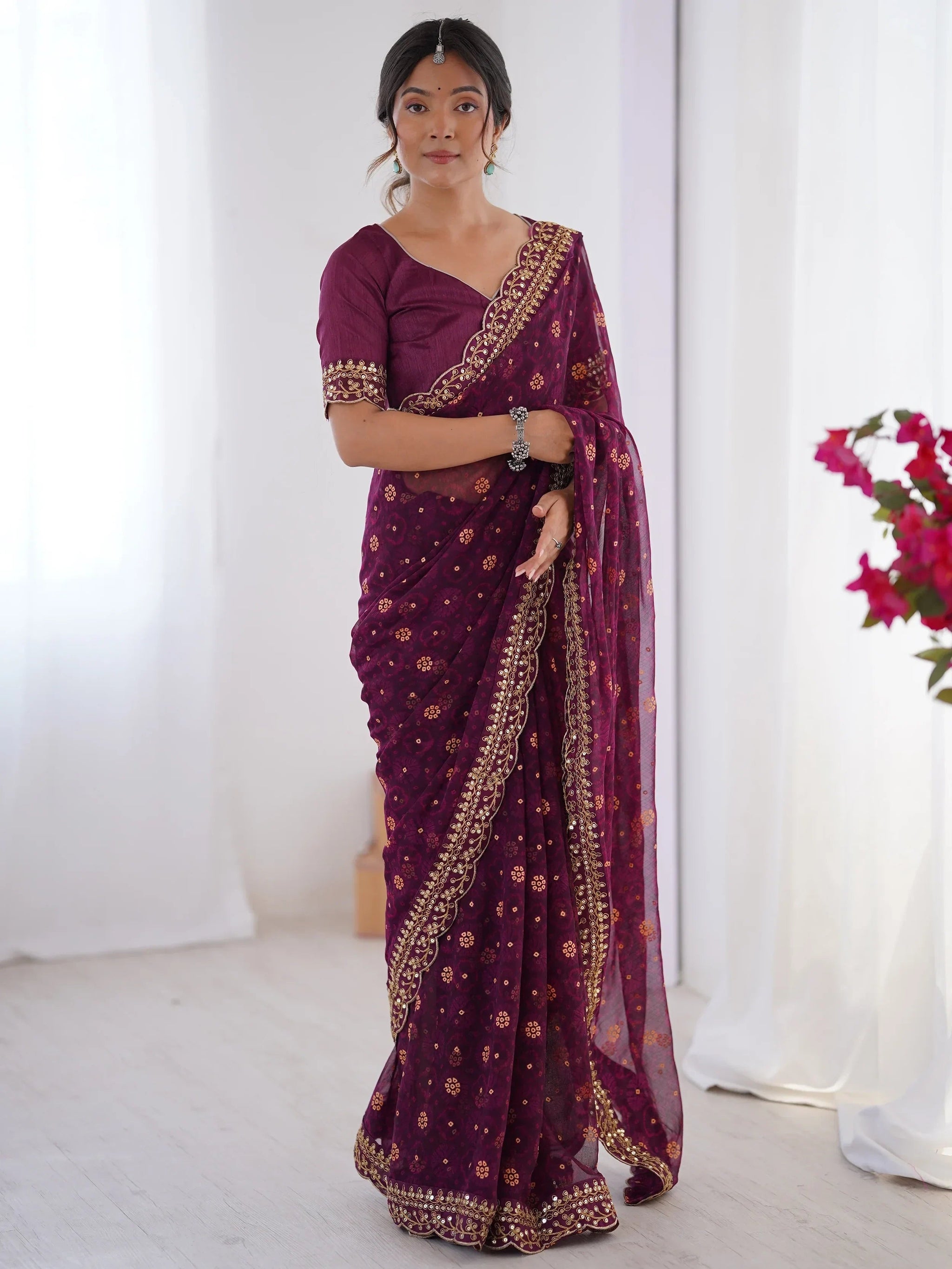 Elegant Wine Designer Printed Georgette Saree With Blouse