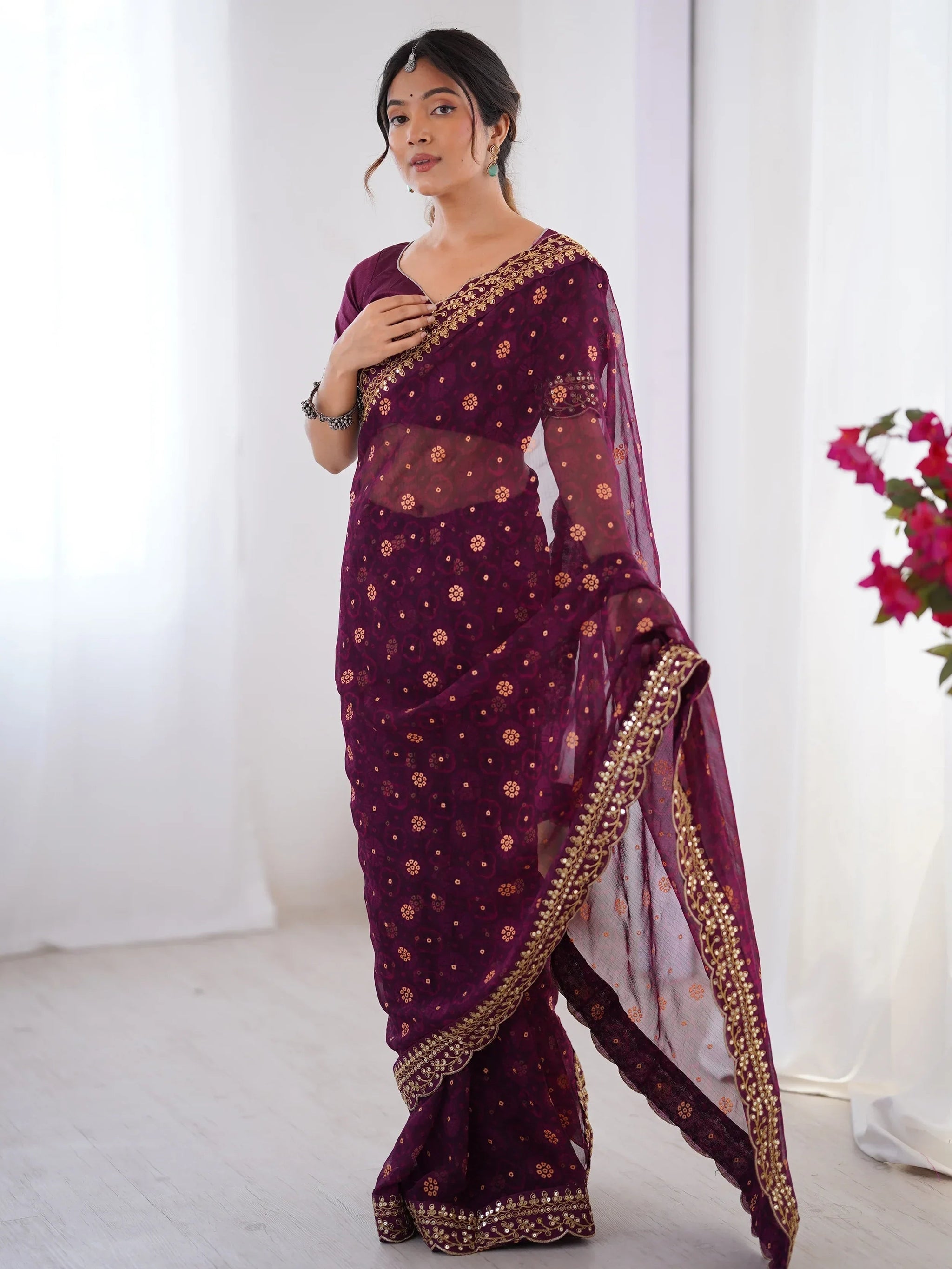 Elegant Wine Designer Printed Georgette Saree With Blouse