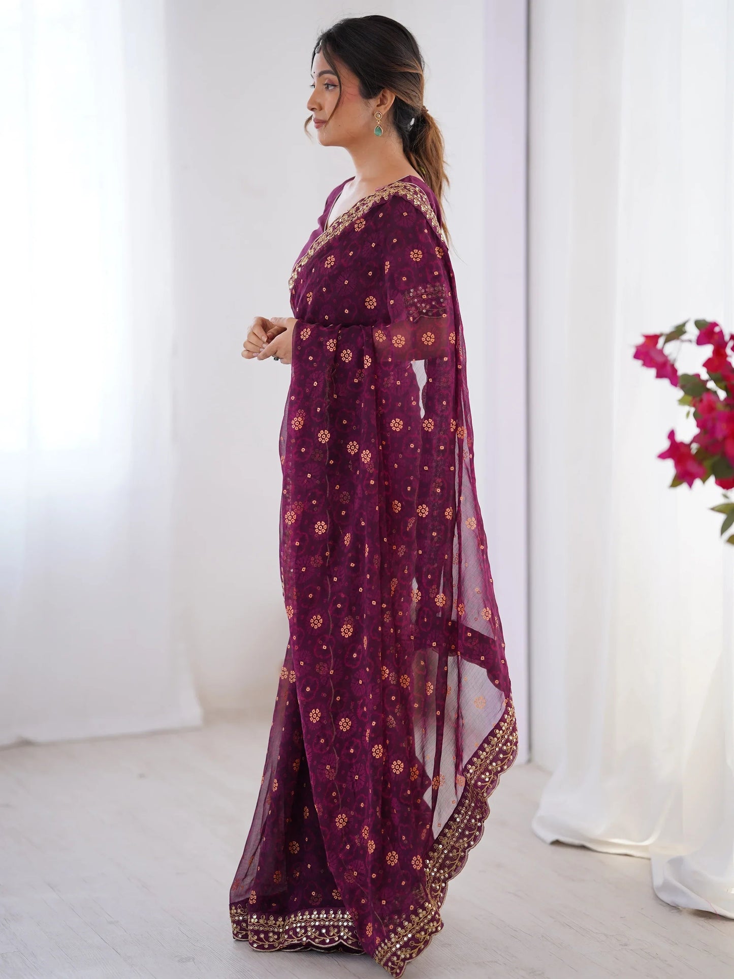 Elegant Wine Designer Printed Georgette Saree With Blouse