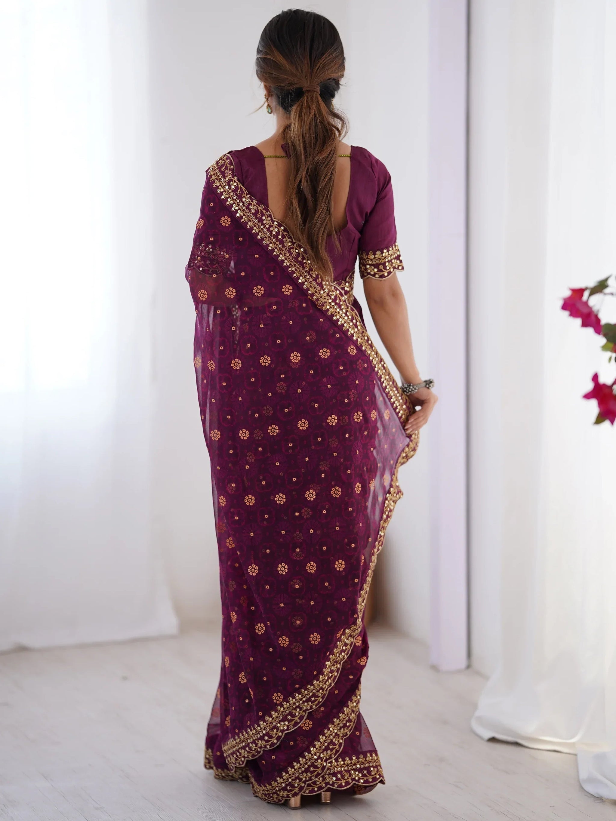Elegant Wine Designer Printed Georgette Saree With Blouse