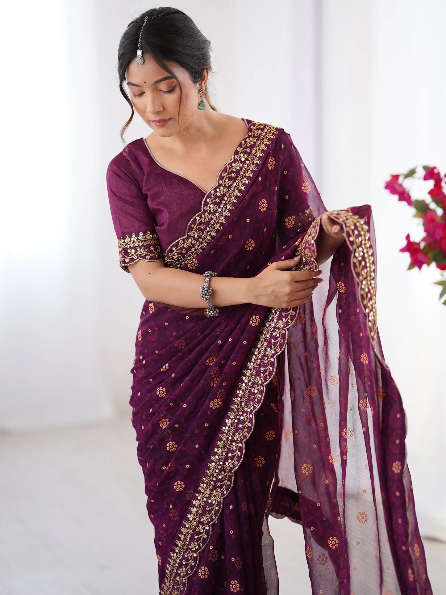 Elegant Wine Designer Printed Georgette Saree With Blouse