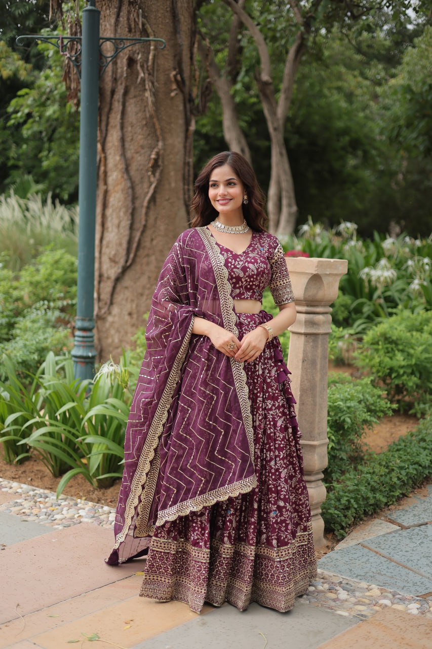 Elegant Wine Jacquard Lehenga Choli with Sequins Embroidery