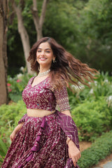 Elegant Wine Jacquard Lehenga Choli with Sequins Embroidery