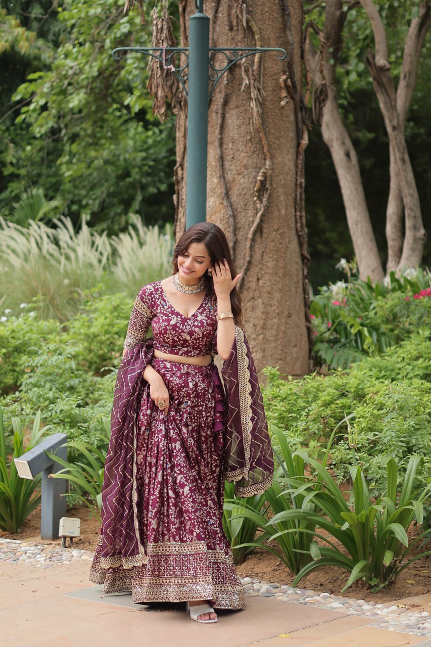Elegant Wine Jacquard Lehenga Choli with Sequins Embroidery