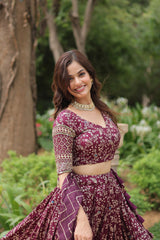Elegant Wine Jacquard Lehenga Choli with Sequins Embroidery