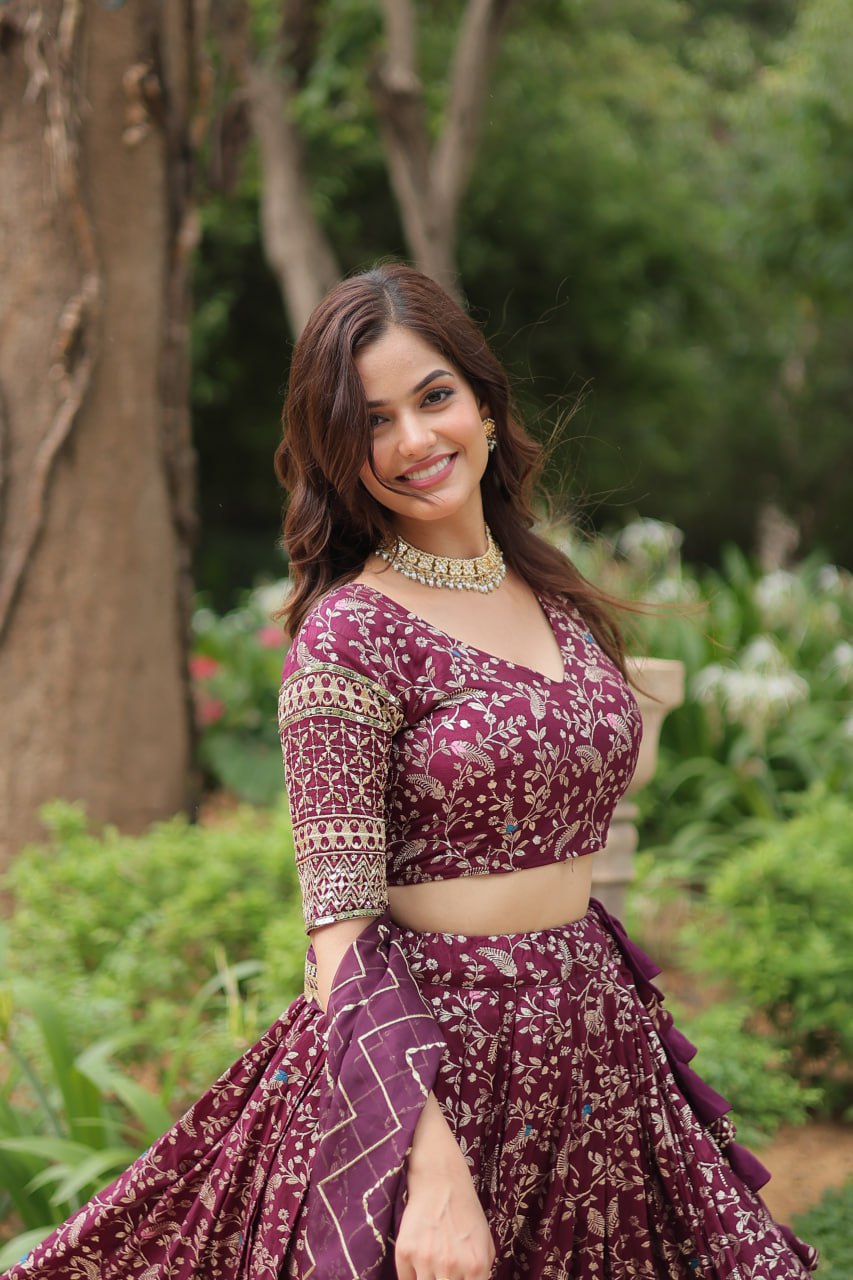 Elegant Wine Jacquard Lehenga Choli with Sequins Embroidery