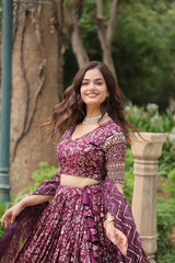 Elegant Wine Jacquard Lehenga Choli with Sequins Embroidery