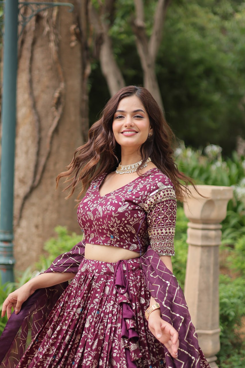 Elegant Wine Jacquard Lehenga Choli with Sequins Embroidery