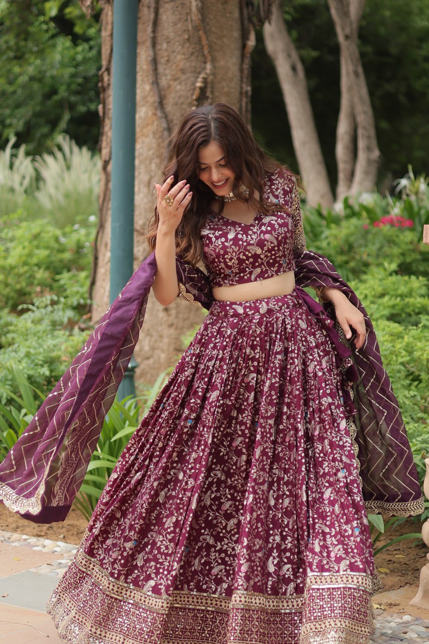 Elegant Wine Jacquard Lehenga Choli with Sequins Embroidery