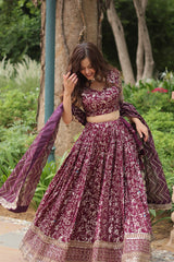 Elegant Wine Jacquard Lehenga Choli with Sequins Embroidery