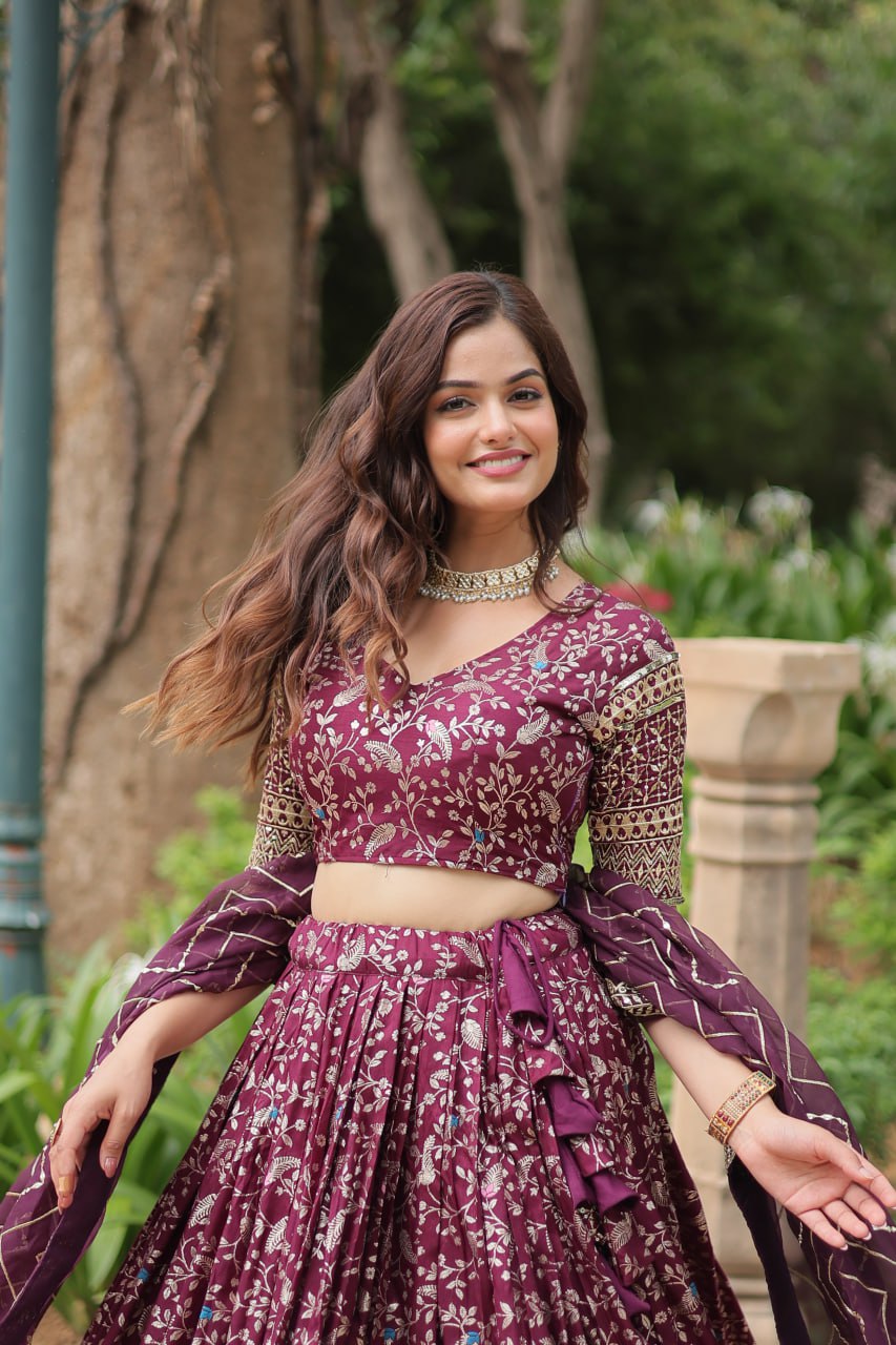 Elegant Wine Jacquard Lehenga Choli with Sequins Embroidery