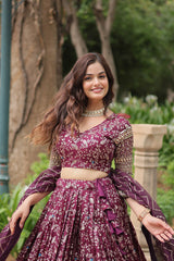 Elegant Wine Jacquard Lehenga Choli with Sequins Embroidery
