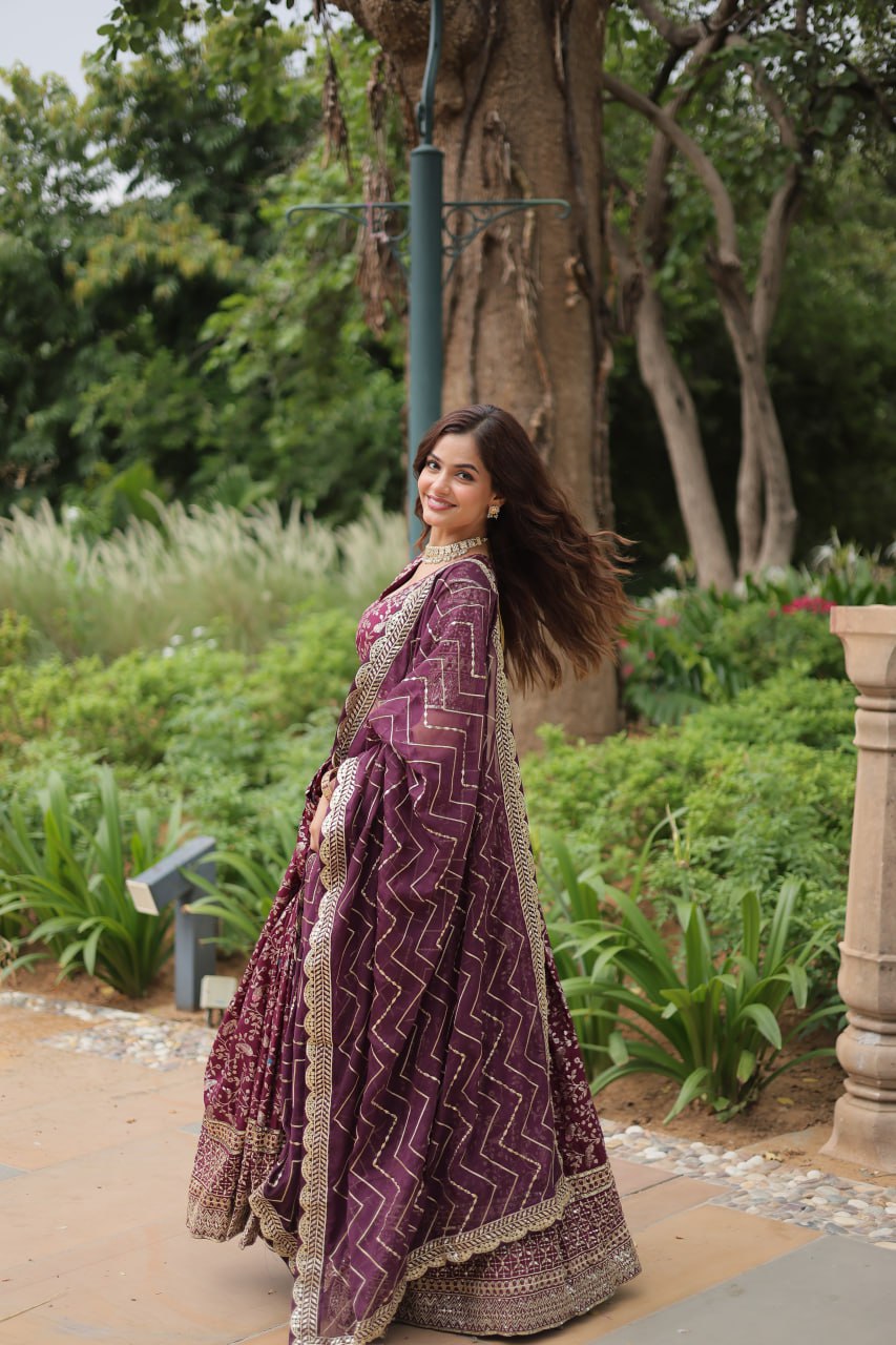 Elegant Wine Jacquard Lehenga Choli with Sequins Embroidery
