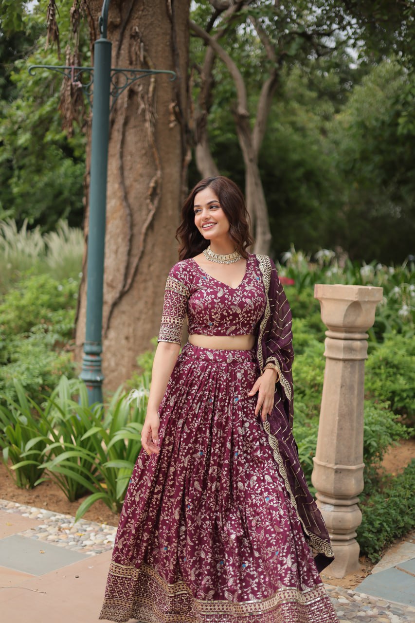 Elegant Wine Jacquard Lehenga Choli with Sequins Embroidery