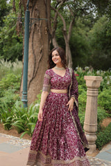 Elegant Wine Jacquard Lehenga Choli with Sequins Embroidery