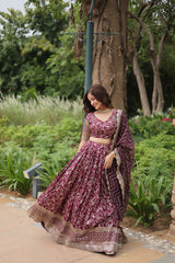 Elegant Wine Jacquard Lehenga Choli with Sequins Embroidery