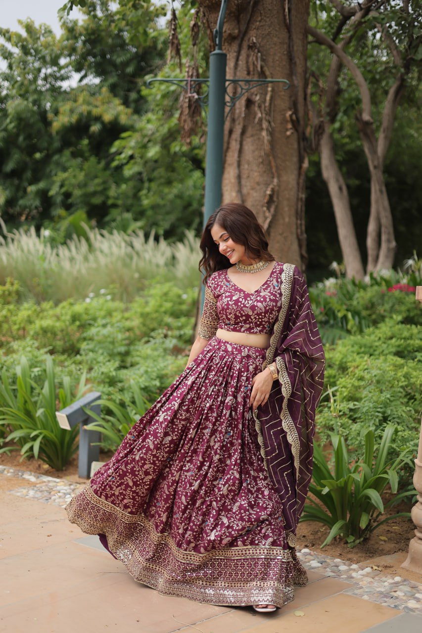Elegant Wine Jacquard Lehenga Choli with Sequins Embroidery