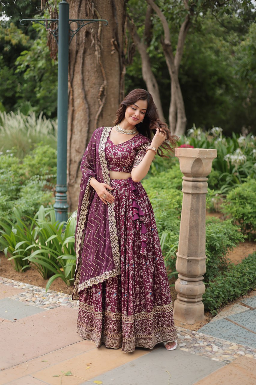 Elegant Wine Jacquard Lehenga Choli with Sequins Embroidery