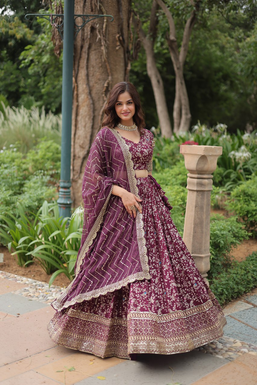 Elegant Wine Jacquard Lehenga Choli with Sequins Embroidery