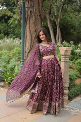 Elegant Wine Jacquard Lehenga Choli with Sequins Embroidery
