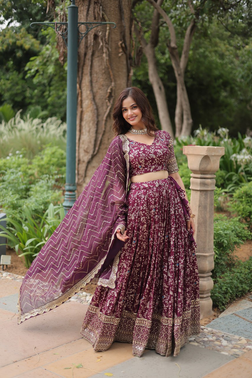 Elegant Wine Jacquard Lehenga Choli with Sequins Embroidery