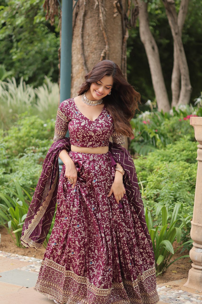 Elegant Wine Jacquard Lehenga Choli with Sequins Embroidery