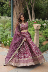 Elegant Wine Jacquard Lehenga Choli with Sequins Embroidery