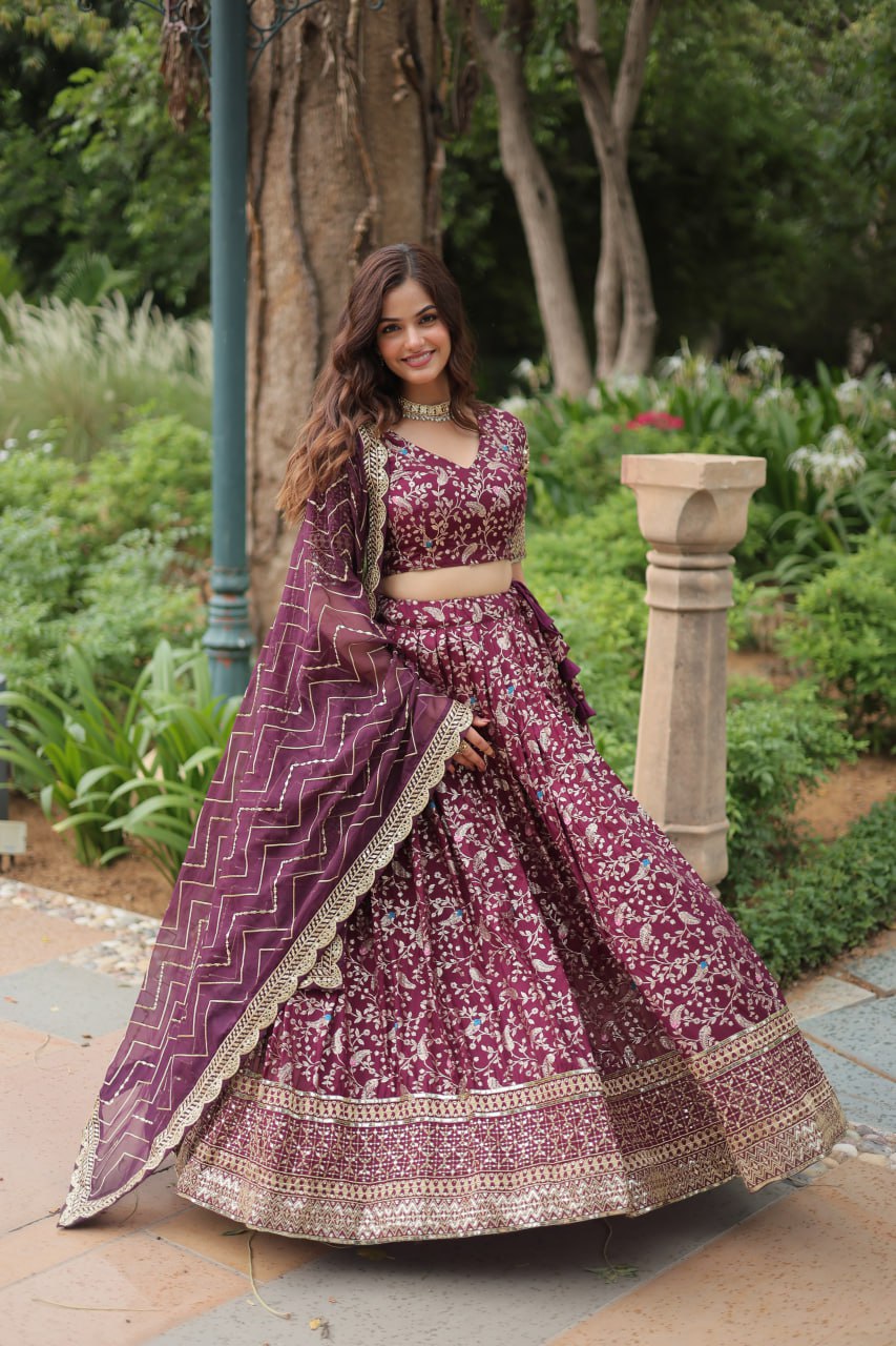 Elegant Wine Jacquard Lehenga Choli with Sequins Embroidery