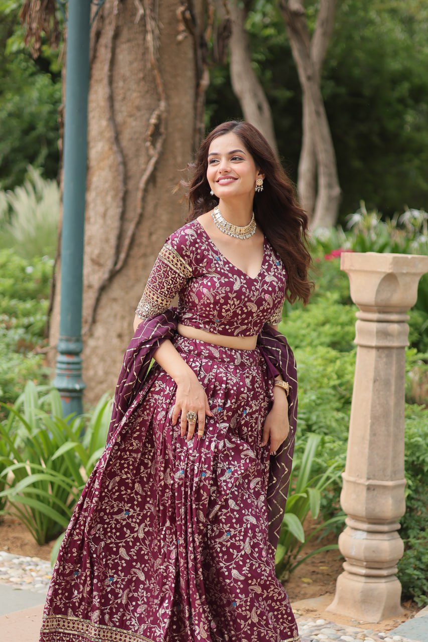 Elegant Wine Jacquard Lehenga Choli with Sequins Embroidery