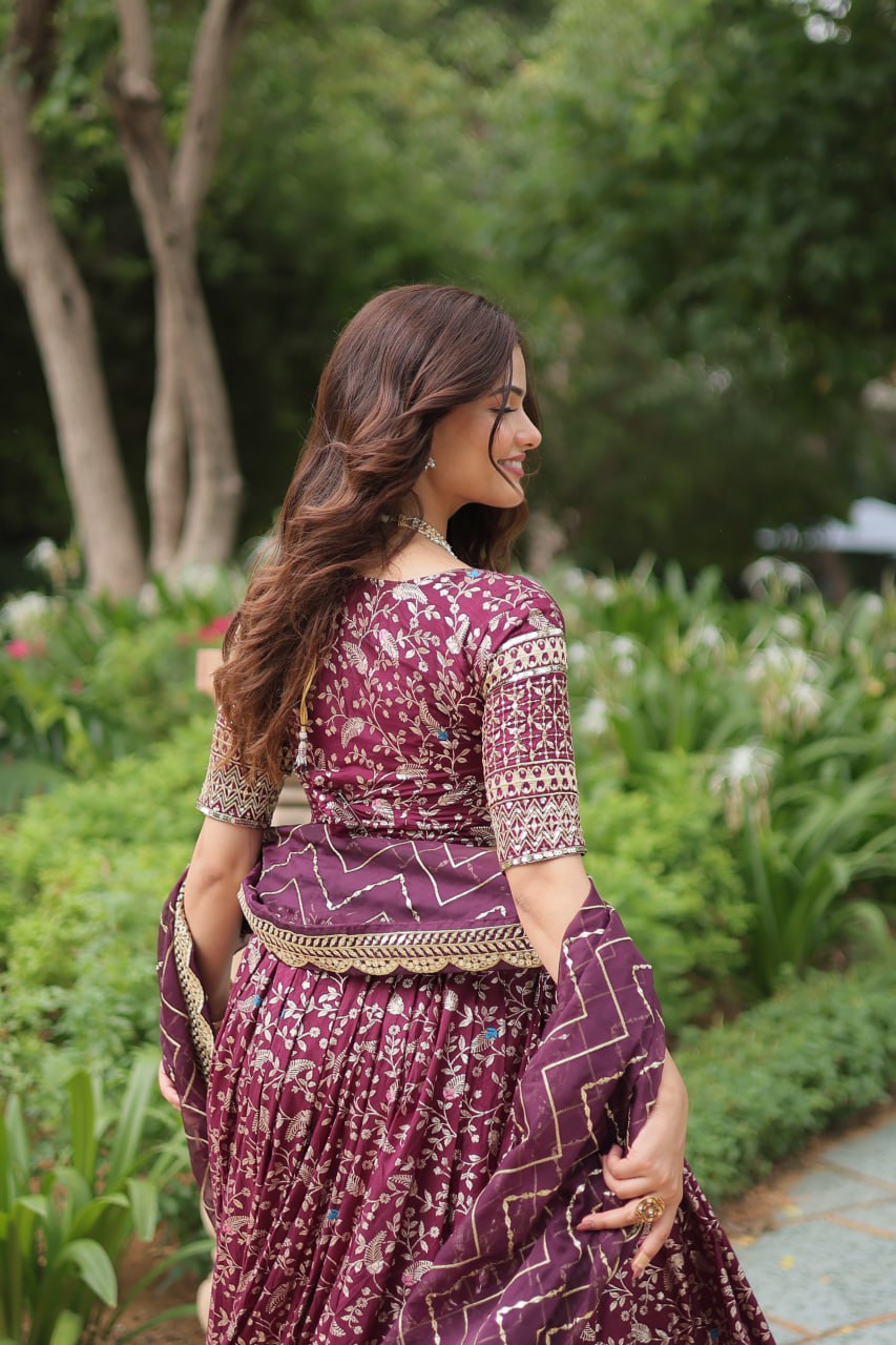 Elegant Wine Jacquard Lehenga Choli with Sequins Embroidery
