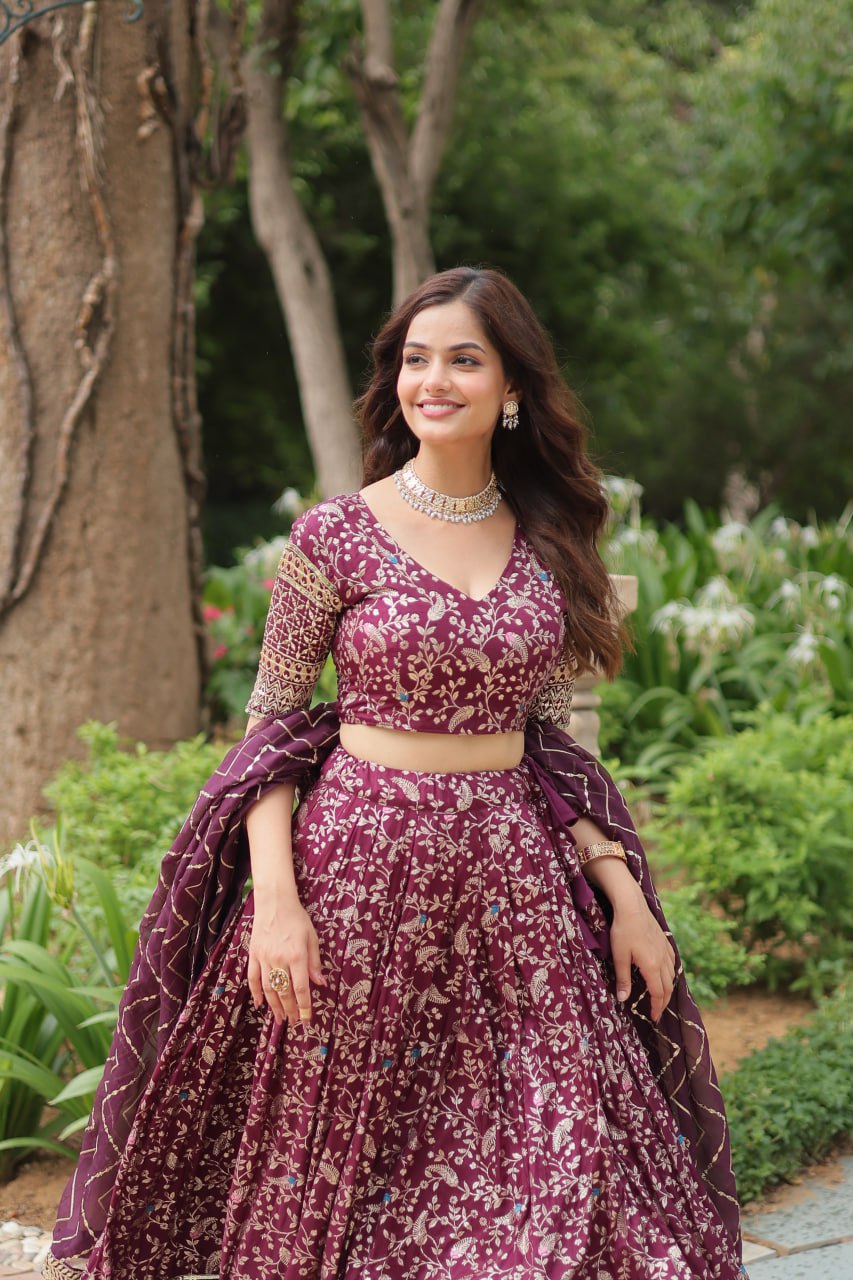 Elegant Wine Jacquard Lehenga Choli with Sequins Embroidery