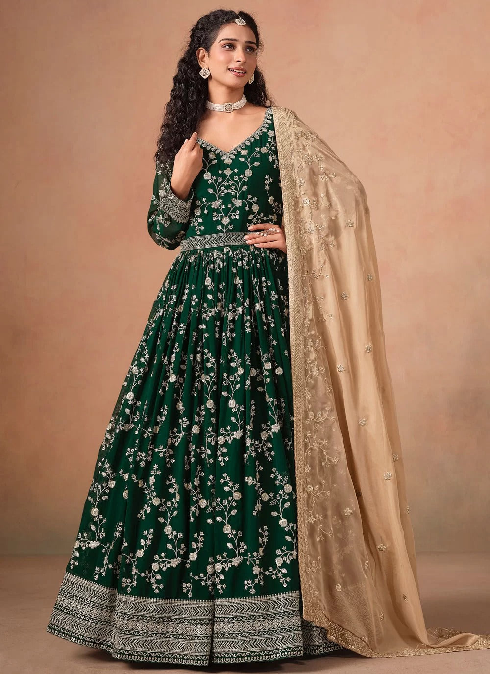 Elegant green faux georgette anarkali suit with organza dupatta
