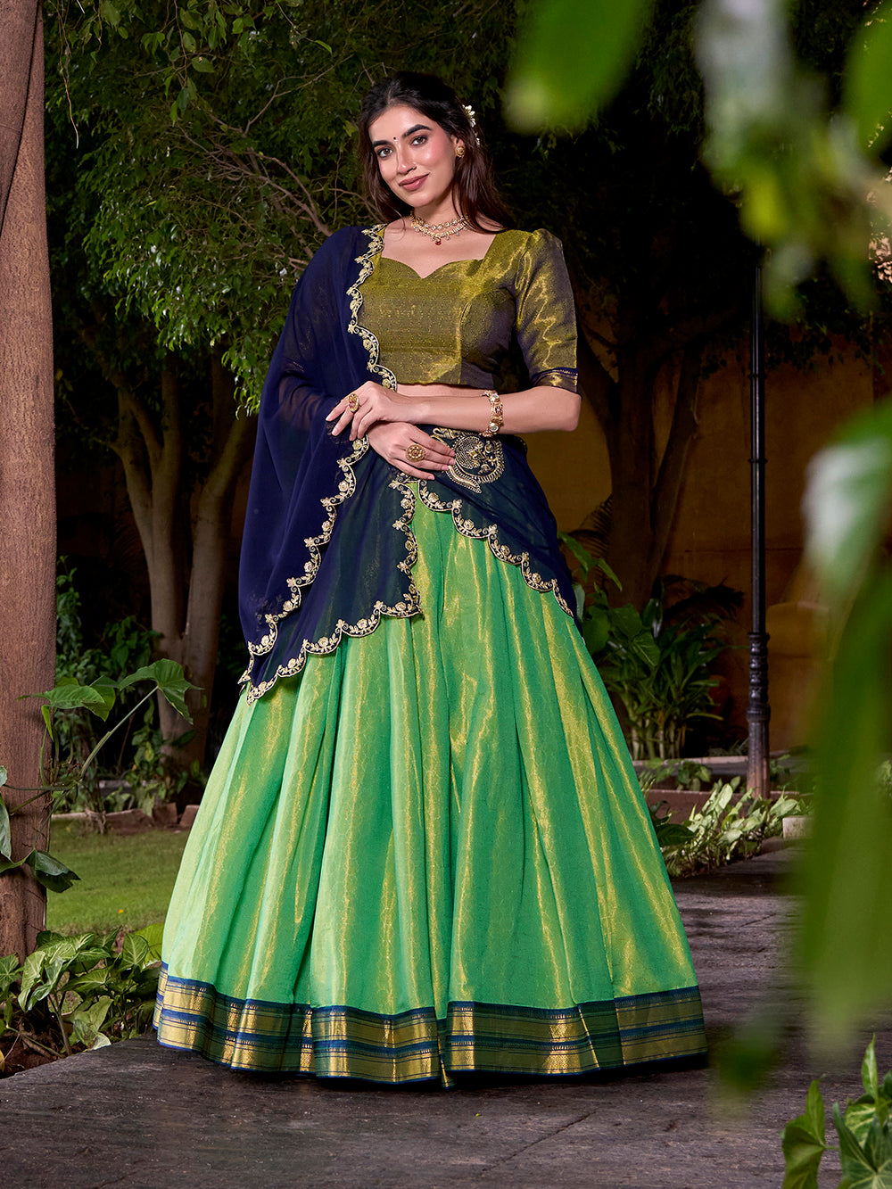Navy blue kanchipuram lehenga choli with sequins thread embroidery zari border