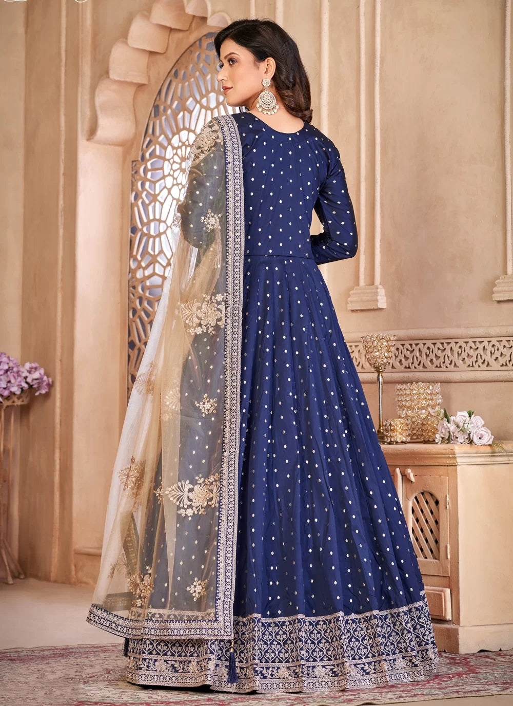 Embroidered art silk anarkali in navy blue