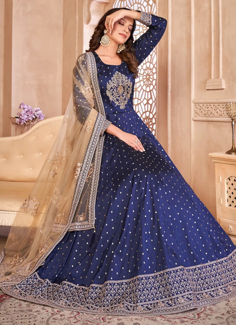 Embroidered art silk anarkali in navy blue