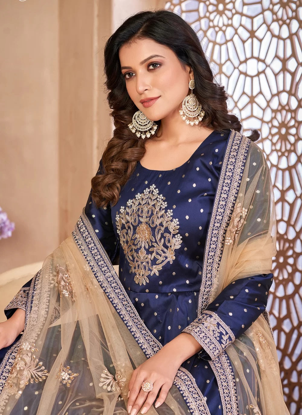 Embroidered art silk anarkali in navy blue