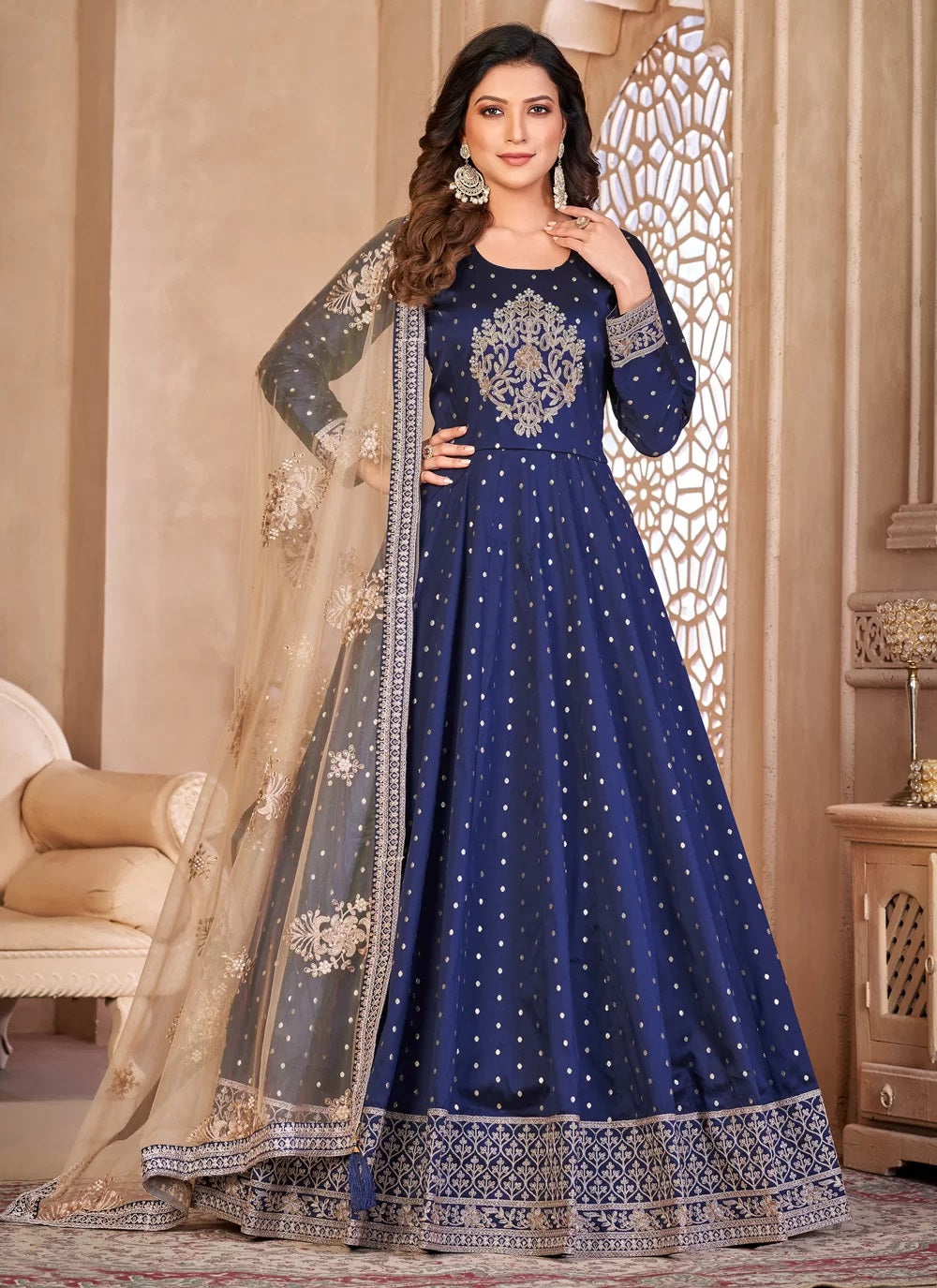 Embroidered art silk anarkali in navy blue