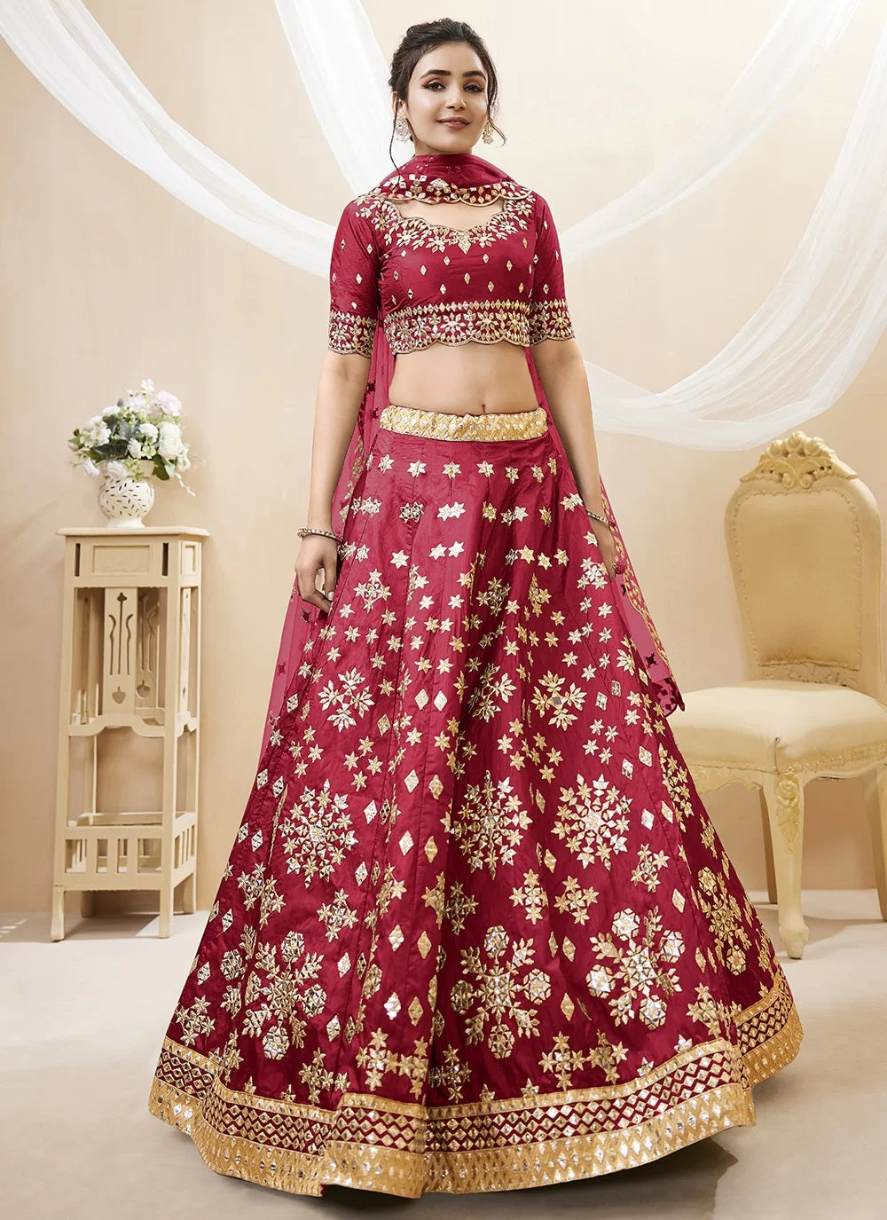 Embroidered art silk lehenga choli in red