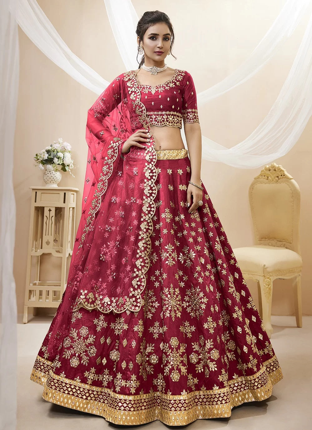 Embroidered art silk lehenga choli in red