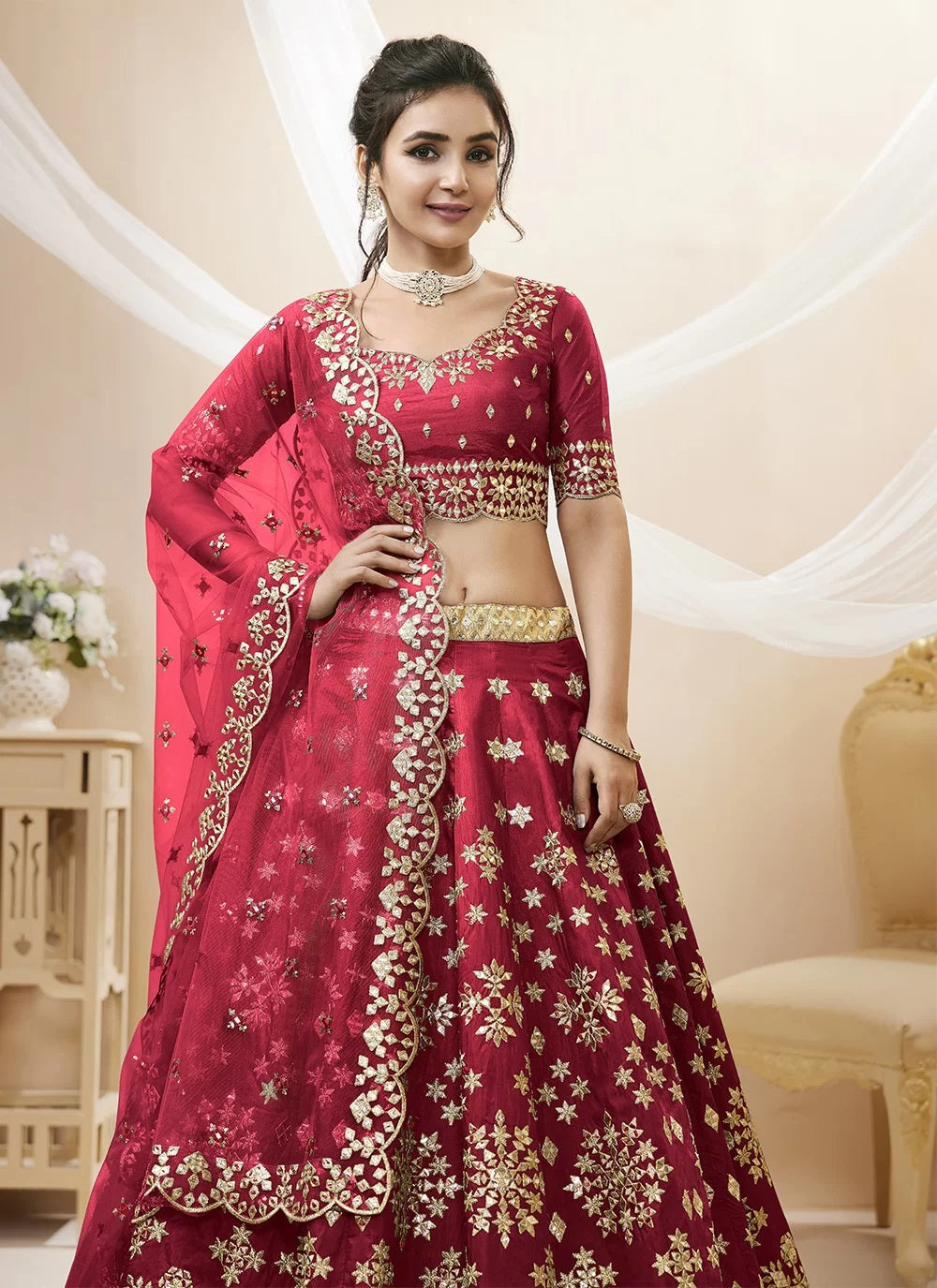 Embroidered art silk lehenga choli in red