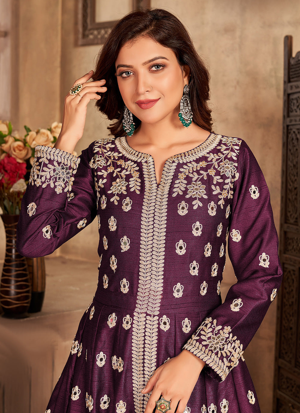 Embroidered art silk slitted abaya style suit in magenta