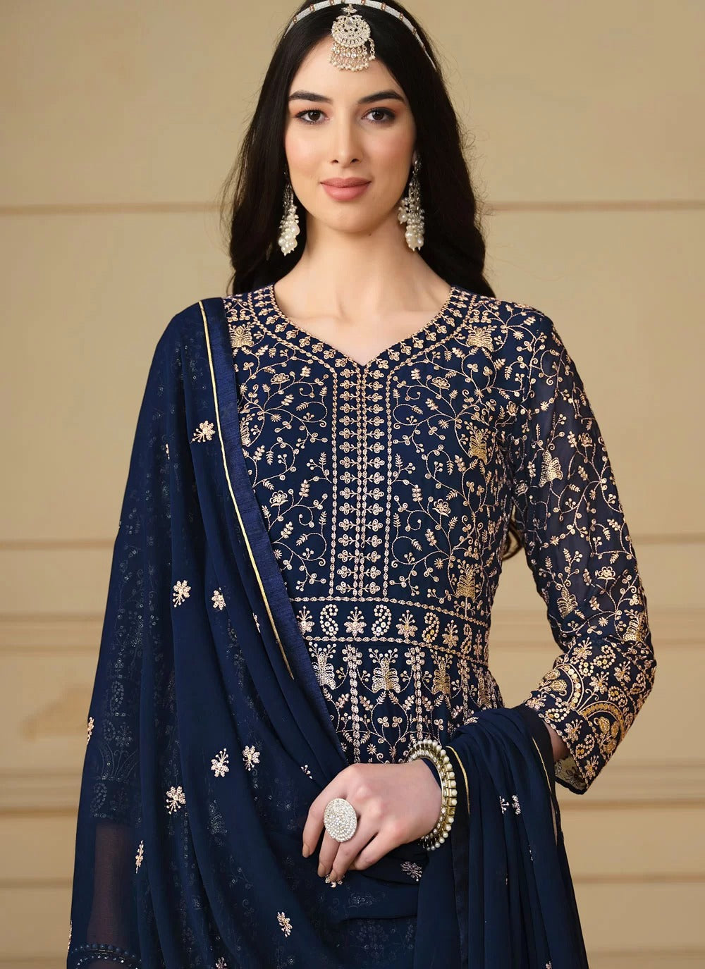 Elegant blue embroidered faux georgette pakistani suit with dupatta
