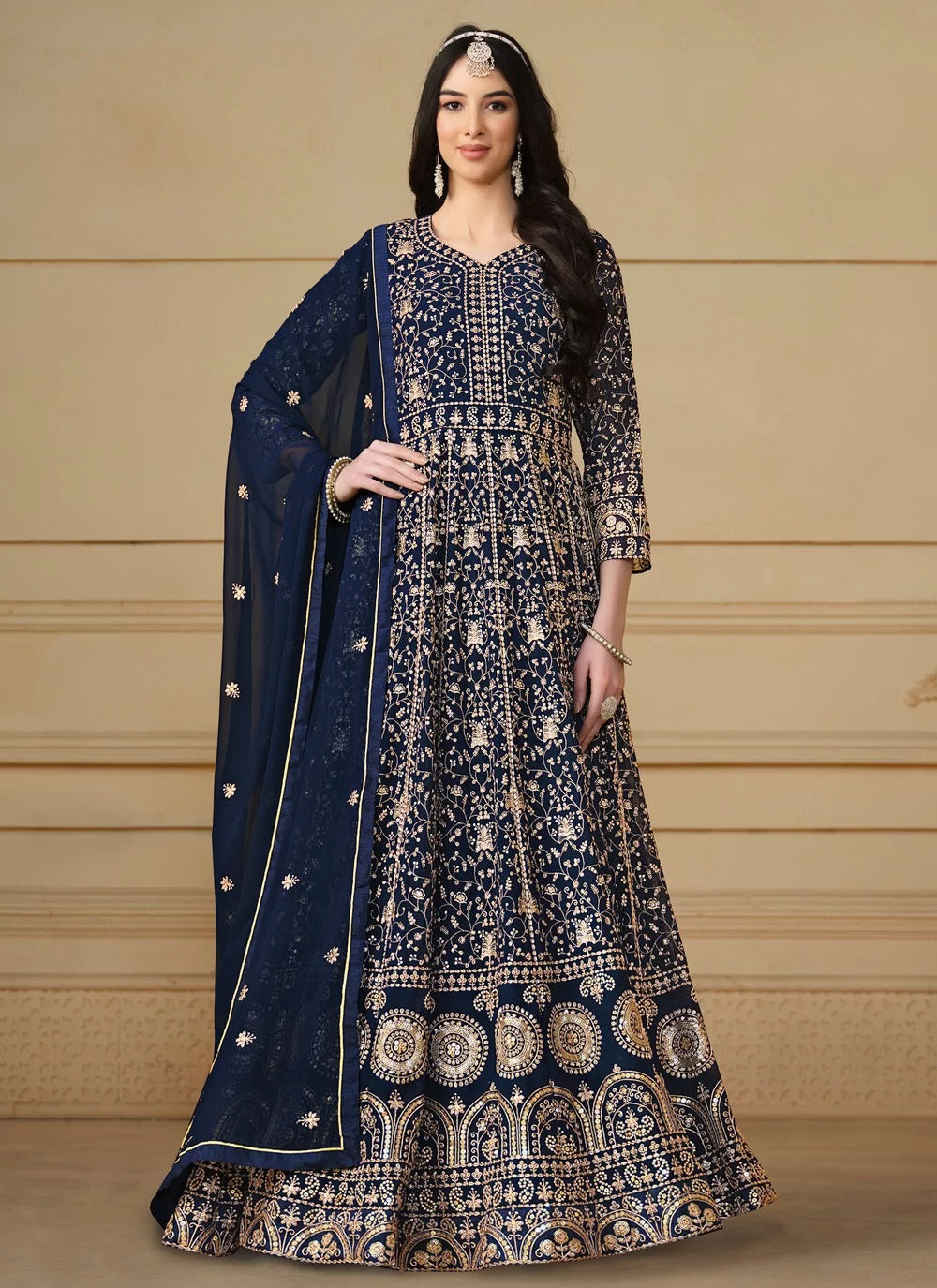 Elegant blue embroidered faux georgette pakistani suit with dupatta