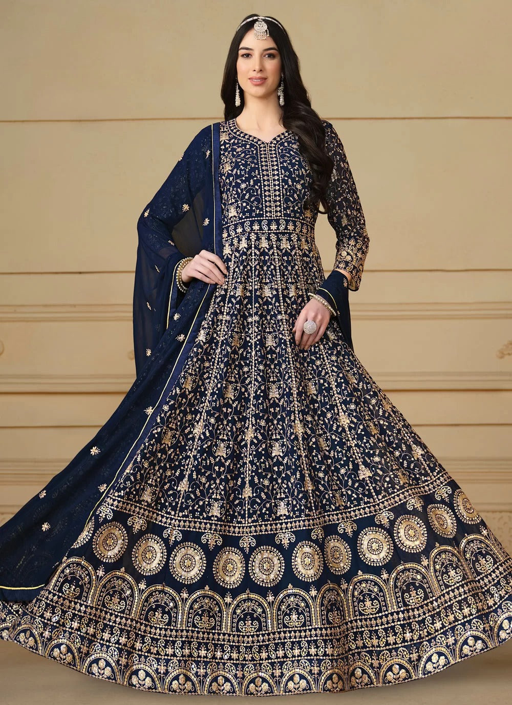 Elegant blue embroidered faux georgette pakistani suit with dupatta