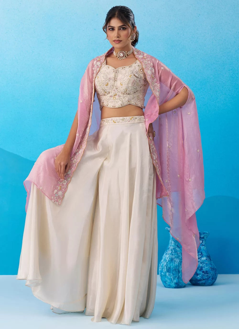 Cream pink indo western co ord set with embroidered cape for women