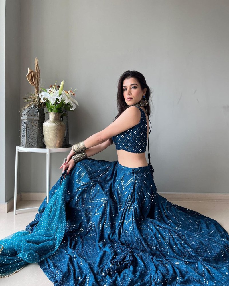 Embroidered Faux Georgette Blue Lehenga Set with Dupatta