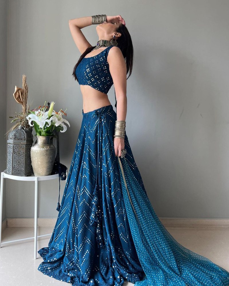 Embroidered Faux Georgette Blue Lehenga Set with Dupatta