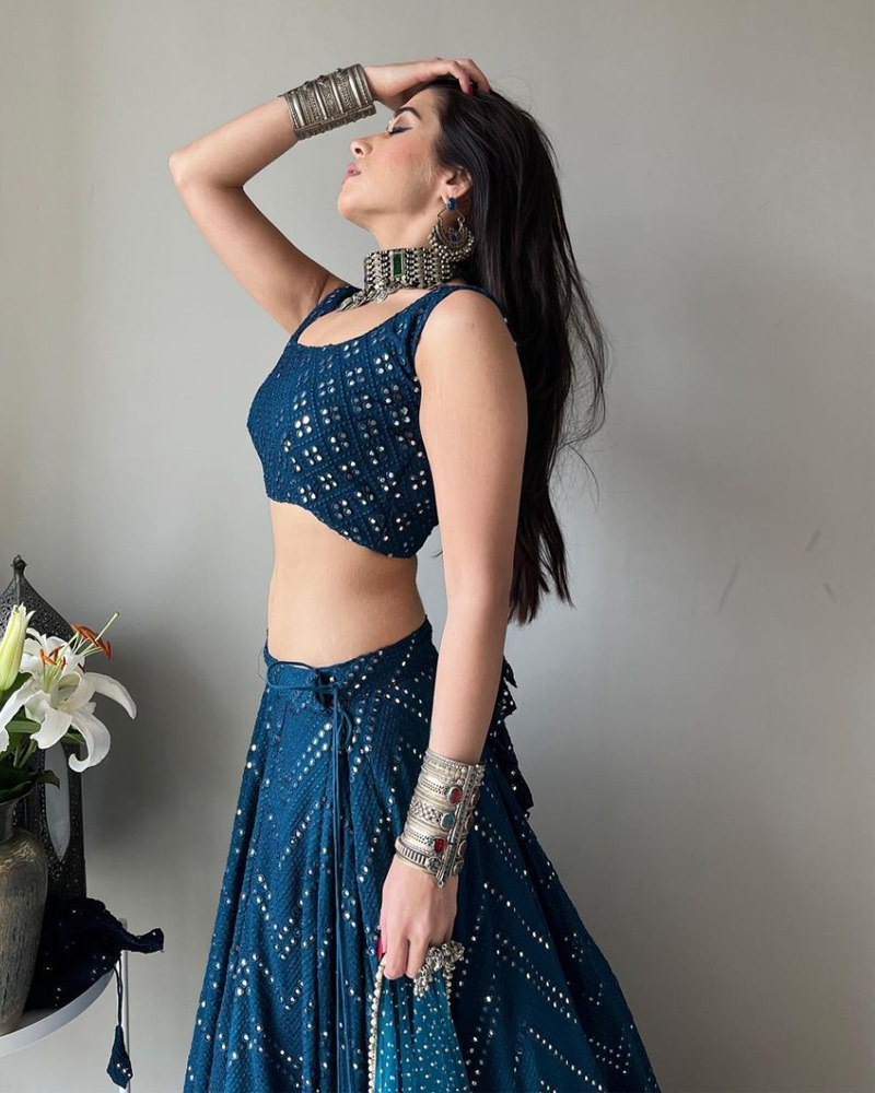 Embroidered Faux Georgette Blue Lehenga Set with Dupatta