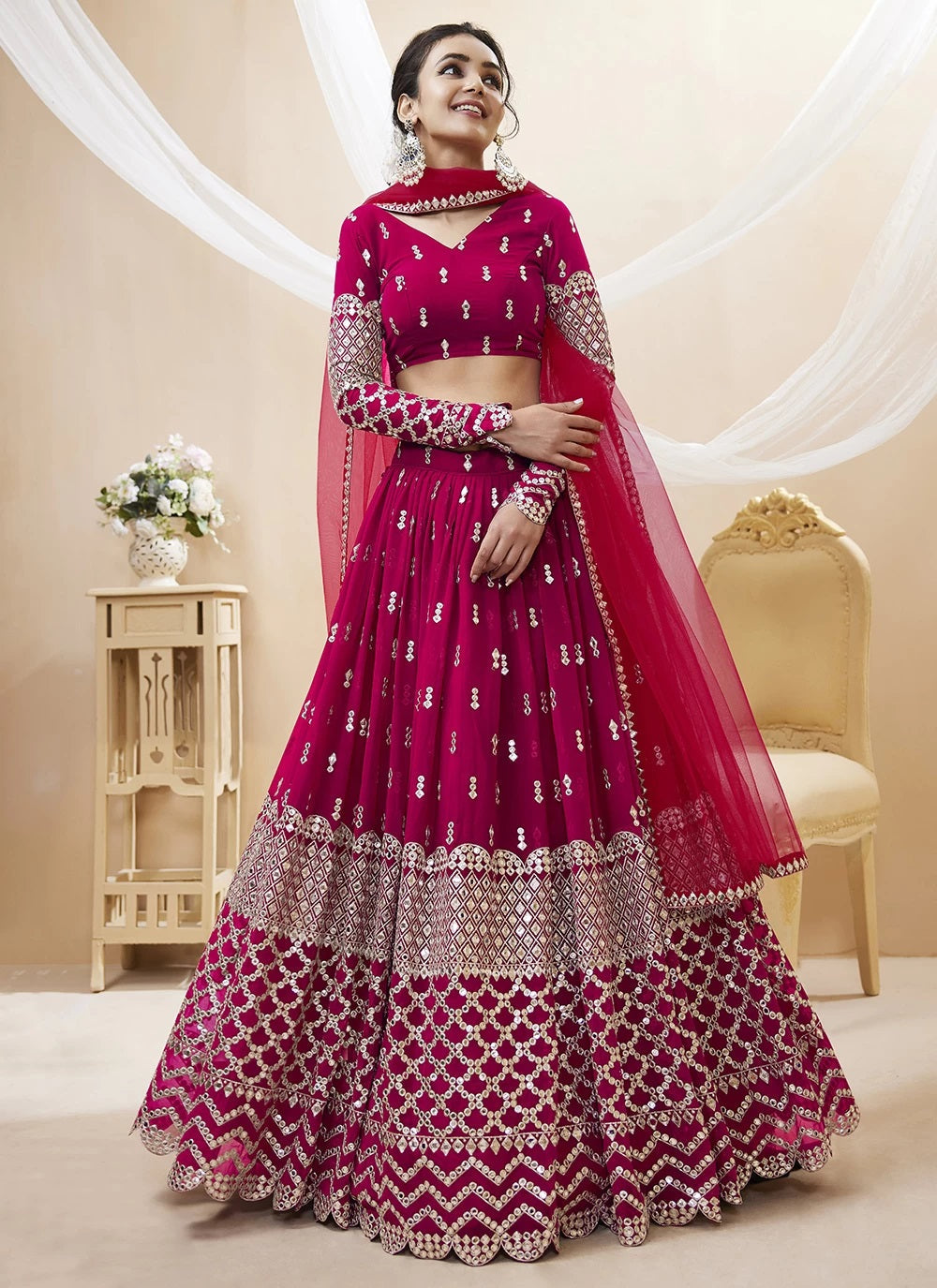 Embroidered georgette indian lehenga in hot pink